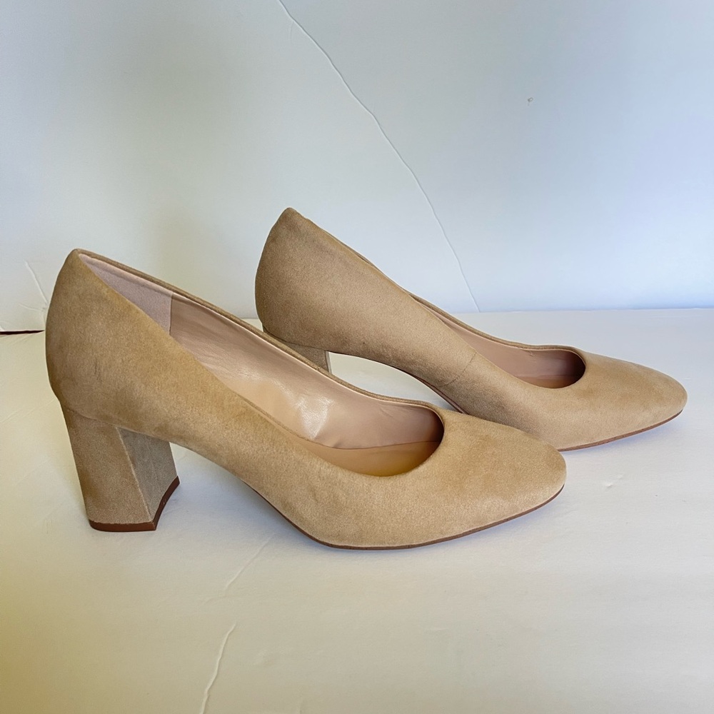 Kelly & Katie Beige Suede Block Heel Pumps
